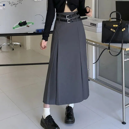 maoxiangshop Korean Style High Waist Long Skirt Women Summer Double Belt Preppy Midi Skirts Woman Pleated Black Gray A Line Skirt