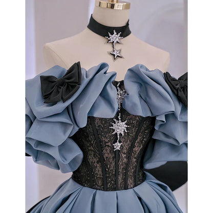 maoxiangshop Blue Satin High-End Banquet Evening Dress Annual Meeting Boat Neck Covering Flesh Princess Dresses Puff Sleeve Ball Gown