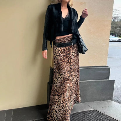maoxiangshop  -  Women's Leopard Print Skirt Fashion Print Slim Loose Casual Skirt Autumn Streetwear High Waist Retro Long Skirt Outfits