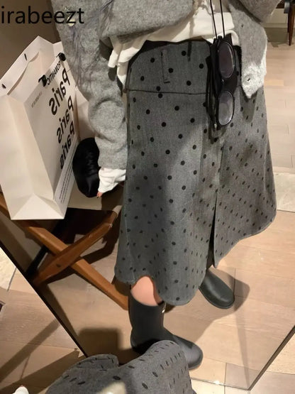 maoxiangshop  -  Retro Wear Two Sides Wear Pleated Polka-dot Skirt Women 2024 Fall/winter New Fashion Gray A-line Skirt