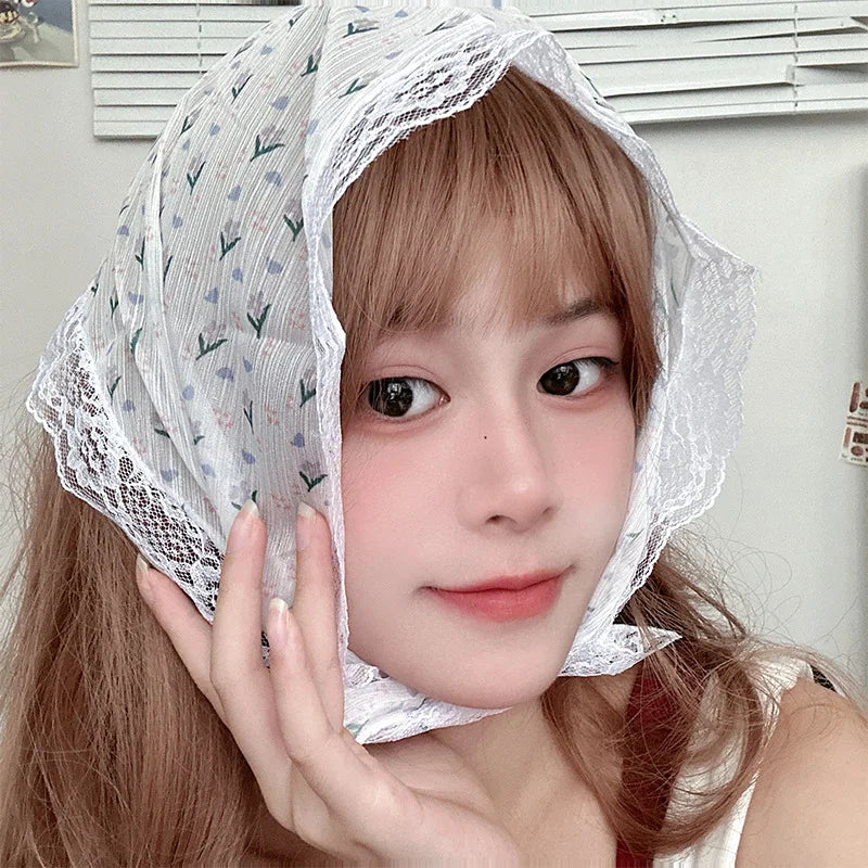 maoxiangshop Korean Lace Floral Hair Scarf Women Retro Triangle Hair Band Strap Hair Bag Headscarf Photo Headband Turban Accessorie