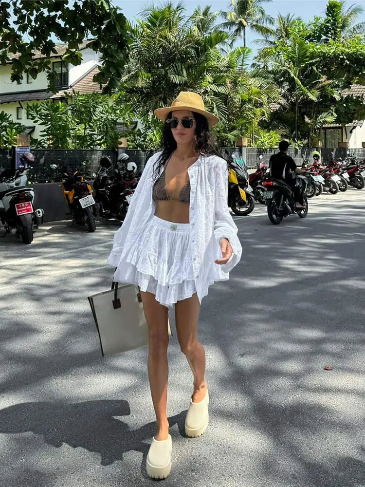 Women's Spring Hollow Out Skirt Suit Chic Long Sleeve Single Breasted Shirts Tiered Mini Skirts Set Female Summer New Beachwear