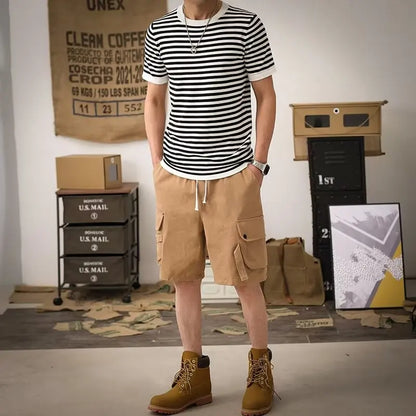 maoxiangshop Striped T-shirts Men Panelled Leisure American Style High Street Cozy Daily Versatile Hipster Classic Outdoor Summer Breathable