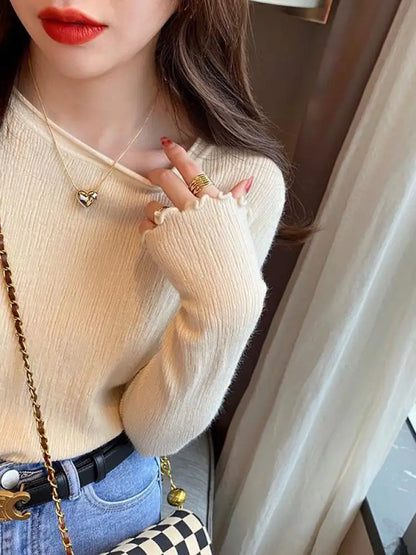 Women Pullovers Sweaters Knit Soft Jumper tops Ruched Autumn Winter Tops O-Neck Ribbed Long Sleeve Korean Slim Female Sweater