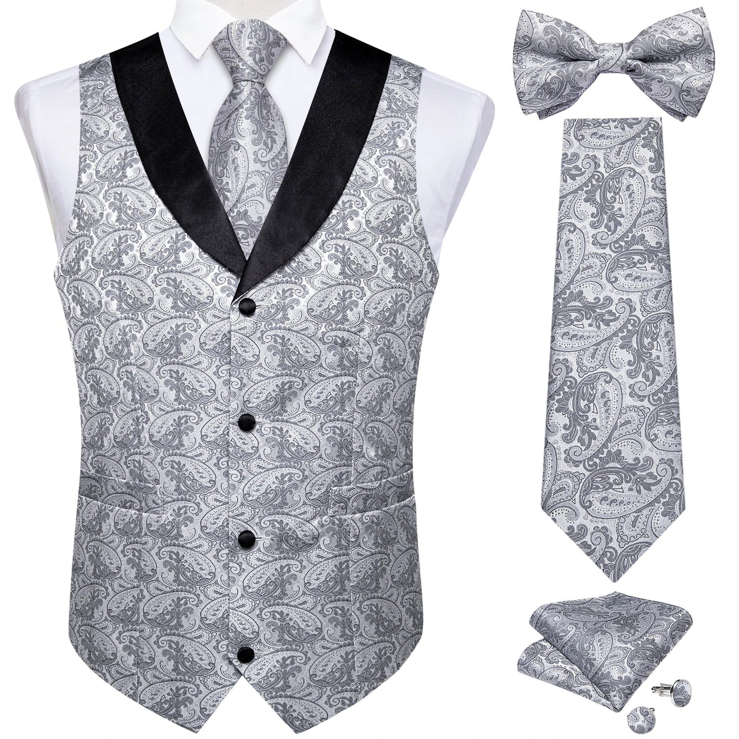 maoxiangshop Brand Suit Vest Set For Men Luxury Silk Black Gold Paisley Dress Vest Tie Cufflinks Handkerchief Set Male Sleeveless Waistcoat