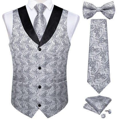maoxiangshop Brand Suit Vest Set For Men Luxury Silk Black Gold Paisley Dress Vest Tie Cufflinks Handkerchief Set Male Sleeveless Waistcoat