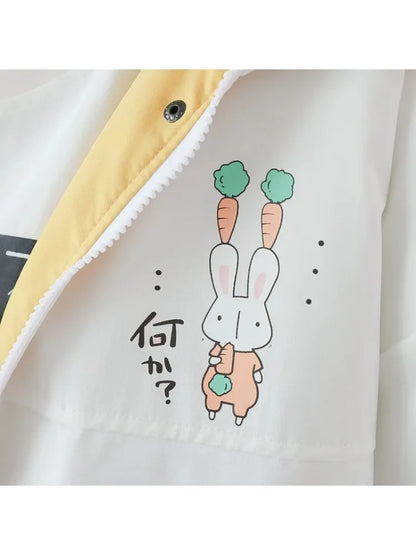 Women Hooded Quilted CoatCartoon Rabbit Print Warm Coats Harajuku Winter Long Sleeve Ladies Cotton Liner Jackets Outwears