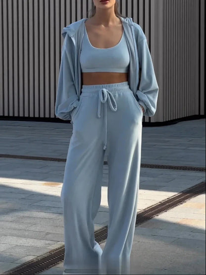 maoxiangshop Casual 3 Piece Sets Women Zipper Hooded Jacket+vest+drawstring Wide Leg Pants Sets Autumn Winter New Street Fashion Sport Suits