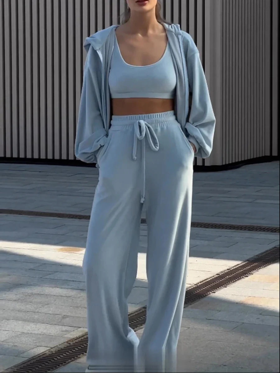 maoxiangshop Casual 3 Piece Sets Women Zipper Hooded Jacket+vest+drawstring Wide Leg Pants Sets Autumn Winter New Street Fashion Sport Suits