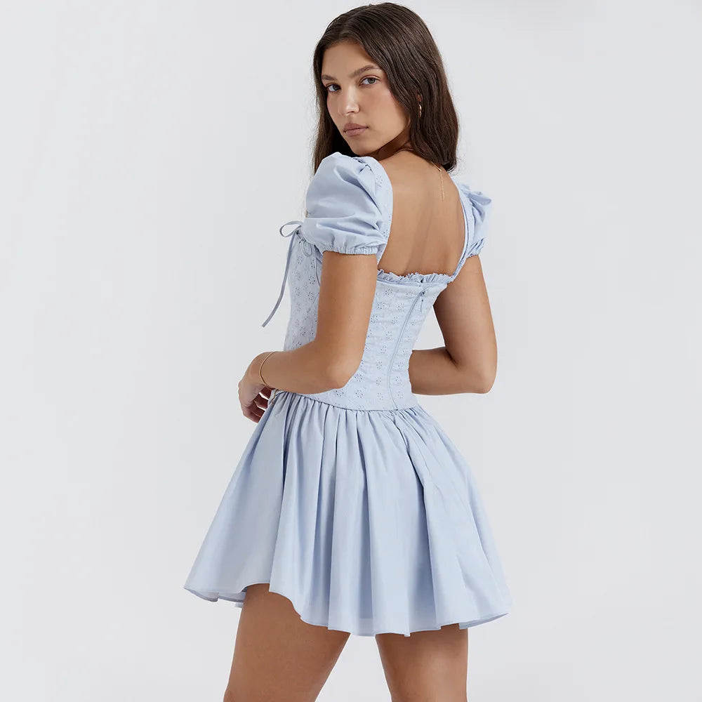 Summer Detachable Puff Sleeve Corset Dress Mini Elegant Blue Square Neck Dress Casual Women Holiday Party Dress