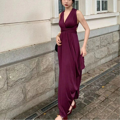 Purple Sexy Party Sleeveless Dress Women Chiffon France Vintage Long Dress Female Beach Elegant Chic Backless Dress Summer