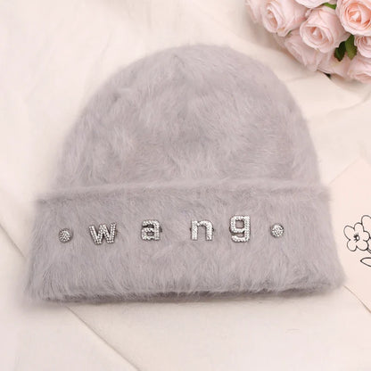 maoxiangshop New Fashion Rabbit Fur Y2k Beanies for Women Soft Warm Fluffy Angola Winter Hat Female Windproof Bonnet Hat Skullies Cap