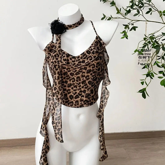 maoxiangshop Women Leopard Crop Top Vintage Y2k Camisole Fashion Streetwear Corset Top Sleeveless Off Shoulder Vest 2000s Clothes Summer 2024