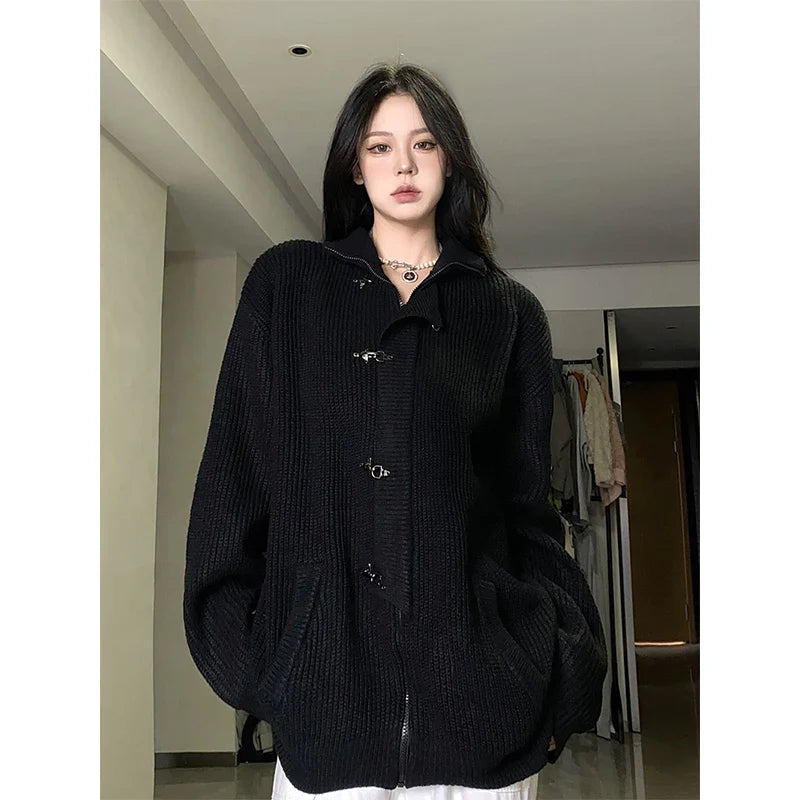 Y2K Knitted Cardigan Women Streetwear Black Oversized Sweater Coat Harajuku Gothic Buttons Zipper Knitwear Casual Jumpers