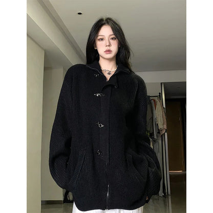 Y2K Knitted Cardigan Women Streetwear Black Oversized Sweater Coat Harajuku Gothic Buttons Zipper Knitwear Casual Jumpers