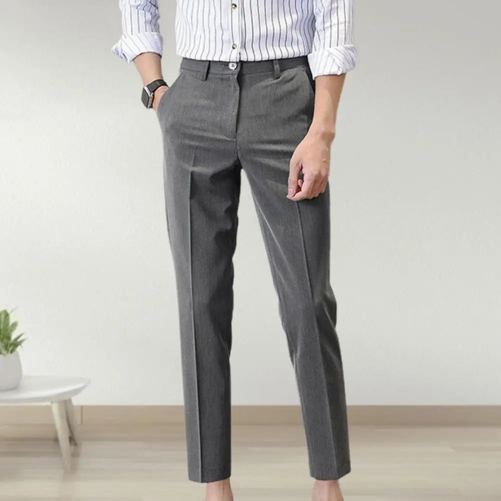 maoxiangshop Popular Men Trousers Breathable Men Suit Pants Soft Fabric Gentle Mid Waist Ankle Length Business Pants