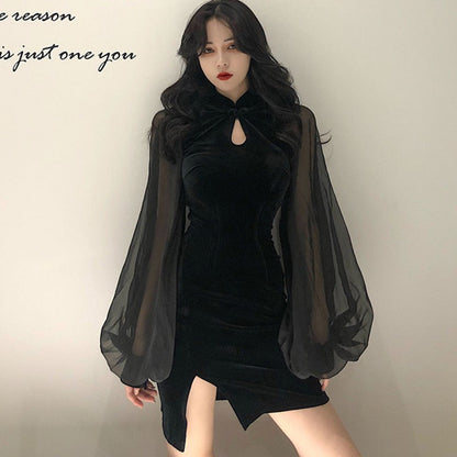 maoxiangshop Women's Cheongsam Qipao Dress  Velvet Side Split Lantern Sleeve Slim Fit Long Sleeves Dress Mandarin Collar  Mini Dress