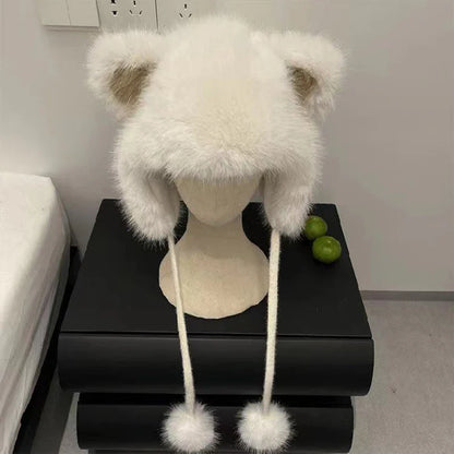 maoxiangshop  -  Winter Bear Ears Hat with Strap Pompom Women Fluffy Fur Fleeze Ear Protection Beanies Outdoor Windproof Cold Warm Plush Bonnet
