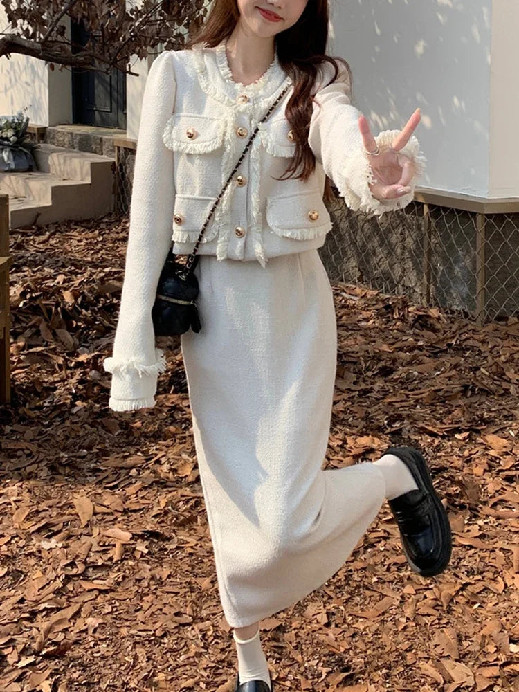 Spring Casual Tow Piece Sets Women White Short Tweed Jacket + Fashion Korean Long Skirt Female Elegant Chic Slim Sweet Suit