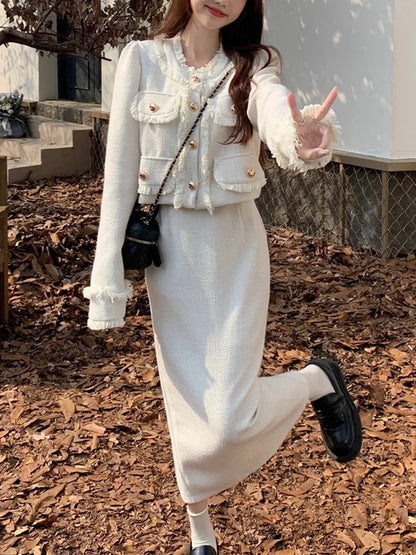 Spring Casual Tow Piece Sets Women White Short Tweed Jacket + Fashion Korean Long Skirt Female Elegant Chic Slim Sweet Suit