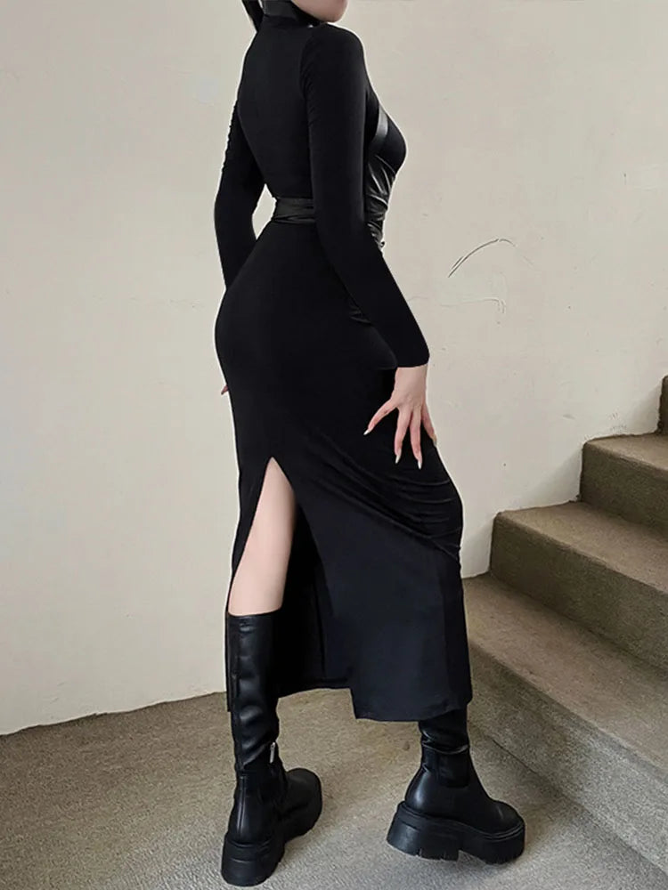 maoxiangshop  Black Maxi Dress Women Sexy Punk Style Split Bandage Bodycon Dress Female Autumn Long Sleeve Turtleneck Party Club Long Dresses