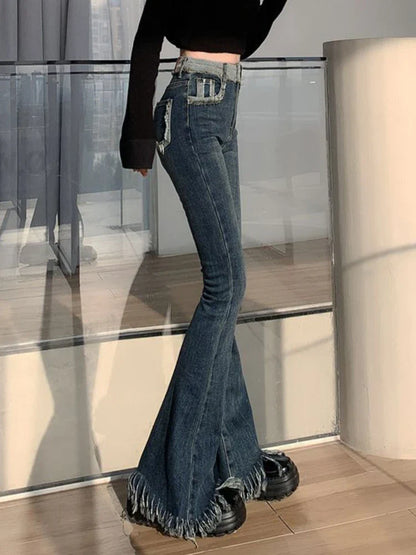 maoxiangshop Winter Blue Vintage Jeans Women High Waist Y2K Chic Casual Flare Pants Female Korean Fashion Tassel Designer Denim Pants