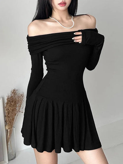 maoxiangshop Casual Pleated A-line Dress y2k Elegant Solid Black Slash Neck Long Sleeve Loose Dresses for Women Autumn All-match