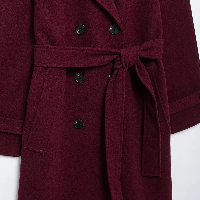 maoxiangshop  -  Women Solid Woolen Long Coat With Belt Fashion Double Breasted Lapel Oversize Jacket Autumn Female High Street Outerwear