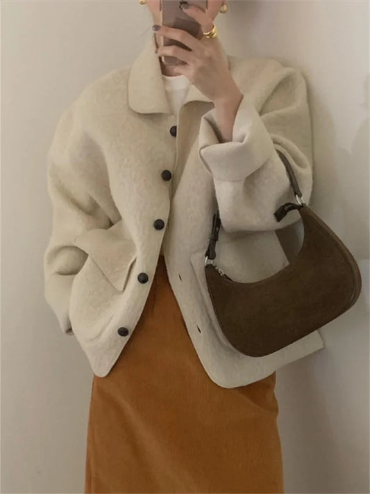 maoxiangshop  -  Chic Solid Woolen Jackets Loose Women New Warm 2025 Vintage Slim Winter Streetwear Elegant Fashion Daily Coats