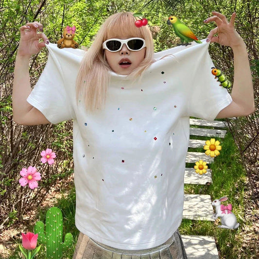 maoxiangshop  -  Star Hot Diamond Bling Bling Summer T-shirts Cotton Loose O-neck Short Sleeve Fashion Cute Tees White Street Tops Woman 2024 New