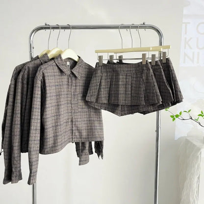 maoxiangshop  -  Sweet College Style Suit for Women, Plaid Loose Zipper Jacket, High Waist A-line Skirt, 2-Piece Set, Female Clothes, Autumn