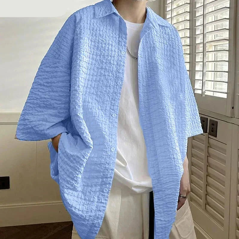 maoxiangshop Handsome Well Fitting Tops New Men's Loose Pleated Design Shirts Casual Streetwear Male Short Sleeved Blouse S-5XL 2024