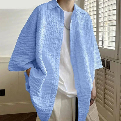 maoxiangshop Handsome Well Fitting Tops New Men's Loose Pleated Design Shirts Casual Streetwear Male Short Sleeved Blouse S-5XL 2024