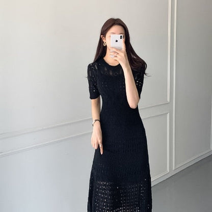 maoxiangshop Casual Chic Korean Temperament Slim Sexy Hollow Out Dresses O Neck Short Sleeve Wrap Hip Knitted Dress White Lady Summer