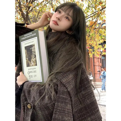 maoxiangshop  -  Autumn/Winter New Retro Plaid Cloak Shawl Woolen Coat Women Winter Clothes Korean Style Chic Loose Wool Outerwear Women Top