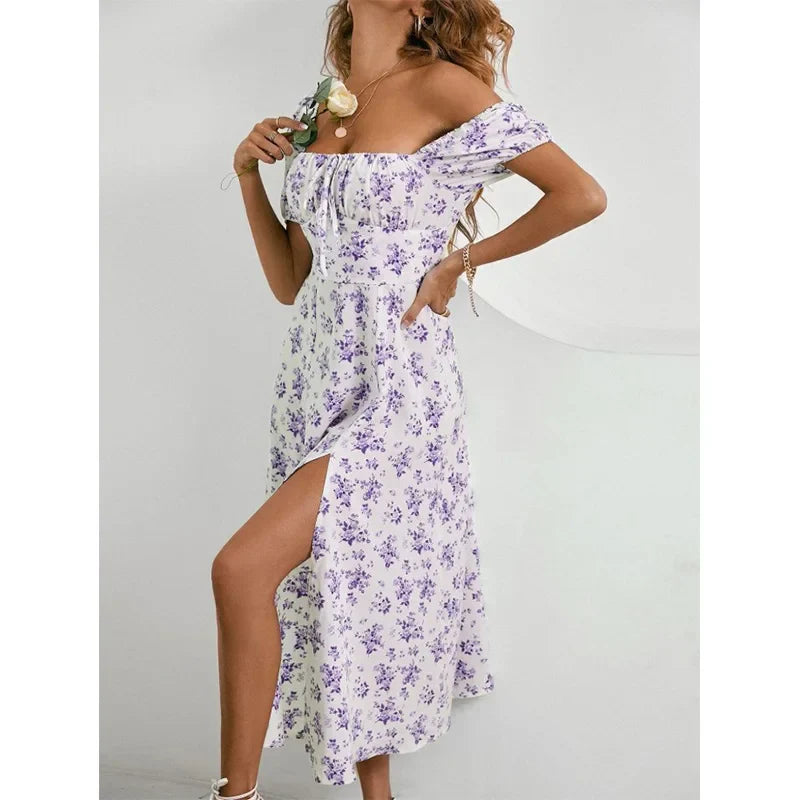 Floral Print Puff Sleeve Ruched Bust Slit Dress Women Square Neck High Waist A-line Long Dresses Elegant Ladies Summer Sexy Robe