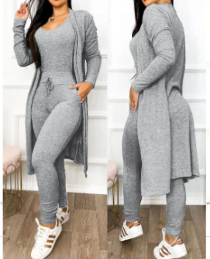 maoxiangshop Drawstring Pocket Design Jumpsuit & Coat Set Autumn Women One Piece Long Pants Jumpsuit High Waist Coats Two Piece Sets