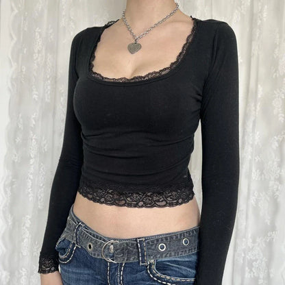 maoxiangshop 2000s Graphic T Shirt Vintage Fairy Grunge Women Autumn Lace Trim Long Sleeve Slim Fits Tops y2k Clothes Basic Harajuku Tees