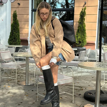 maoxiangshop  -  Casual Leather Lapel Jackets Women Vintage Khaki Zipper Pockets Jacket Coat Female Autumn Winter Chic High Street Outwear