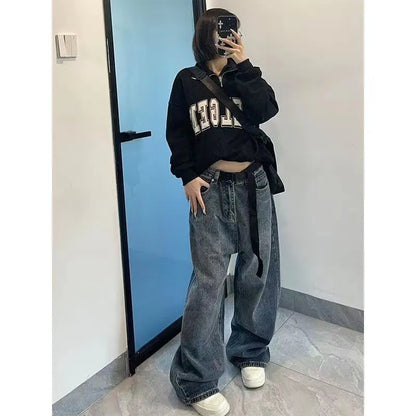 Harajuku Baggy Femme Jeans Y2K Dark Blue Brown High Waist Streetwear 90S Baggy Trousers Women Pants Straight Wide Leg Pants