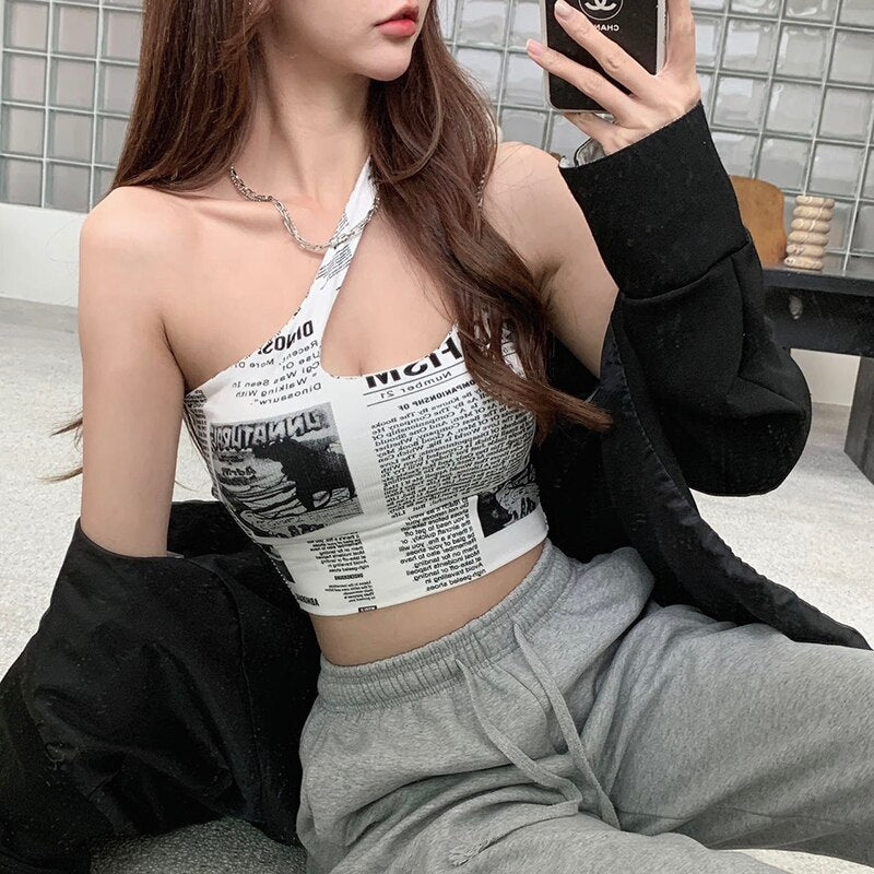 maoxiangshop irregular spaghetti strap tank top woman newspaper letter print wirefree bra camis for women camisole new trend