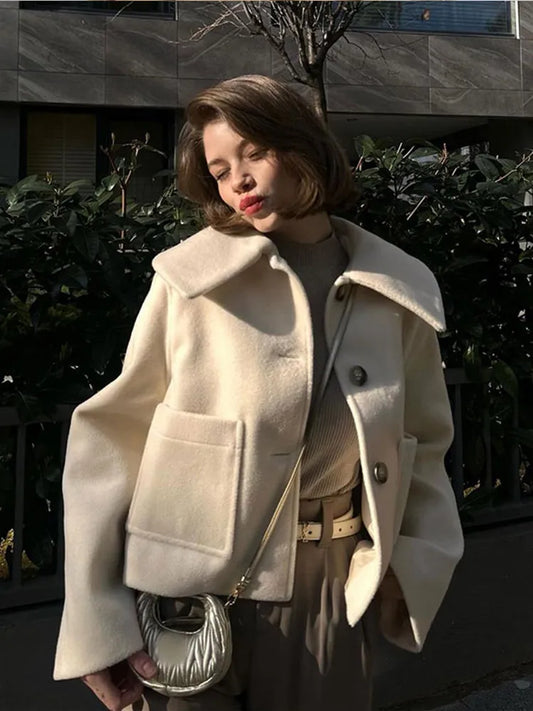 maoxiangshop  -  2024 Warm Lapel Long Sleeved With Pocket Crop Jacket Women's Single Breasted Casual Coat Autumn Winter Ladies Street Outerwear