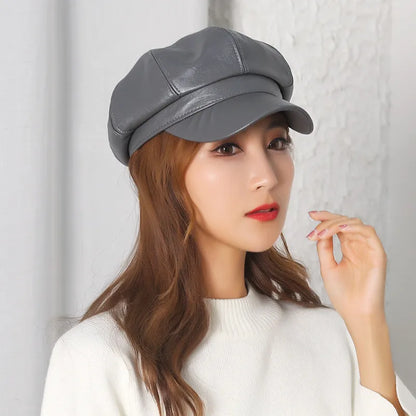 maoxiangshop New Women PU Leather Berets Cap Hat Black Red Outdoor Adjustable Female Autumn Winter Casual Lady Cap Hat For Women