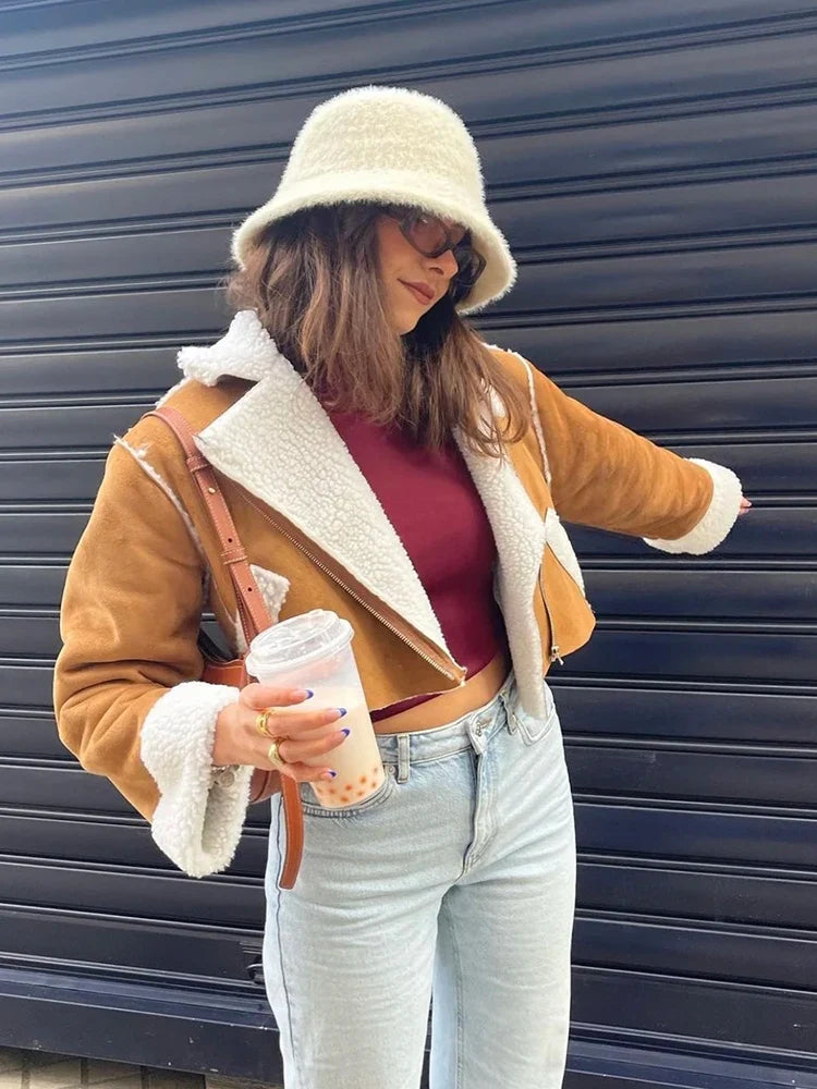 maoxiangshop  -  Winter Women Thick Warm Suede Lamb Jacket Short Motorcycle Brown Coats Faux Shearling Sheepskin Leather Jackets Outwear