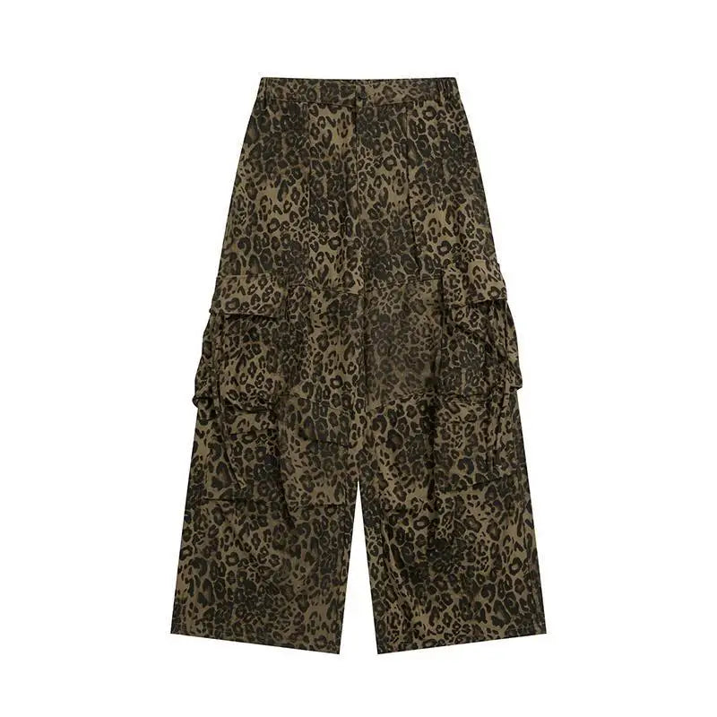 maoxiangshop Tan Leopard Cargo Pants Men Y2K Parachute Oversize Wide Leg Trousers Male Streetwear Hip Hop Harajuku Animal Print