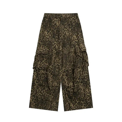 maoxiangshop Tan Leopard Cargo Pants Men Y2K Parachute Oversize Wide Leg Trousers Male Streetwear Hip Hop Harajuku Animal Print