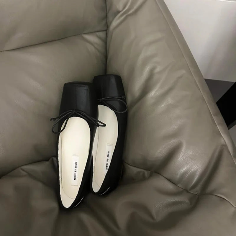 maoxiangshop  -  NEW Spring/Autumn Number 8 Flats Women Slip on Shoes Fashion Mary Jane Shoes Square Toe Women's Shoes Bow Silk Ballet Flats