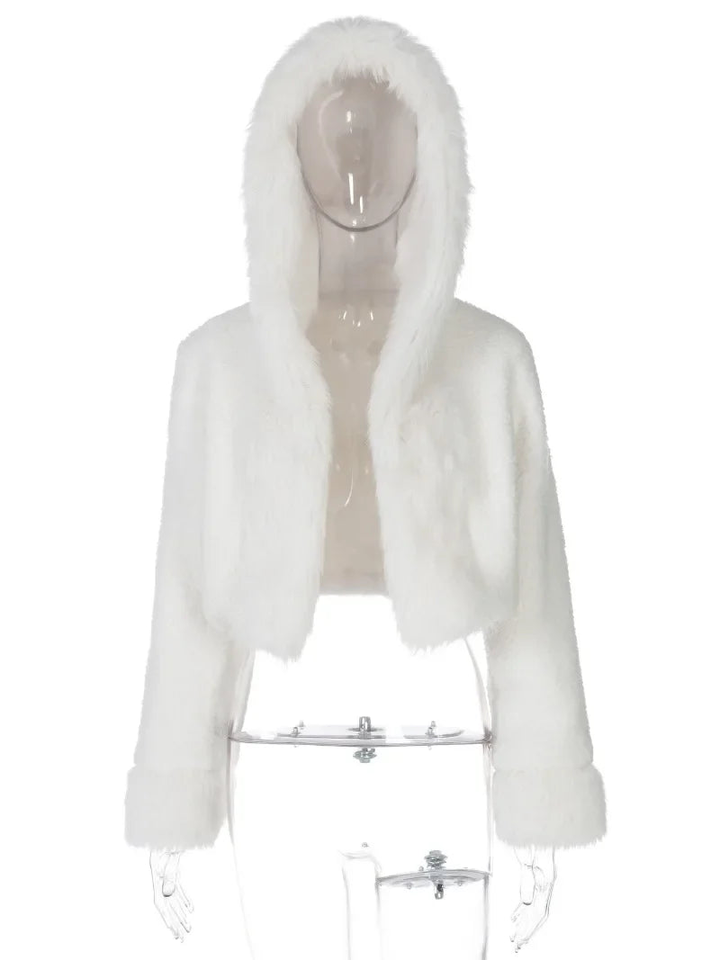 maoxiangshop  -  Winter Women's White Short Faux Fur Coat Fashion Y2K Hoodie Jacket Long Sleeve Thick Warm Fluffy Fur Coat Female Outfits