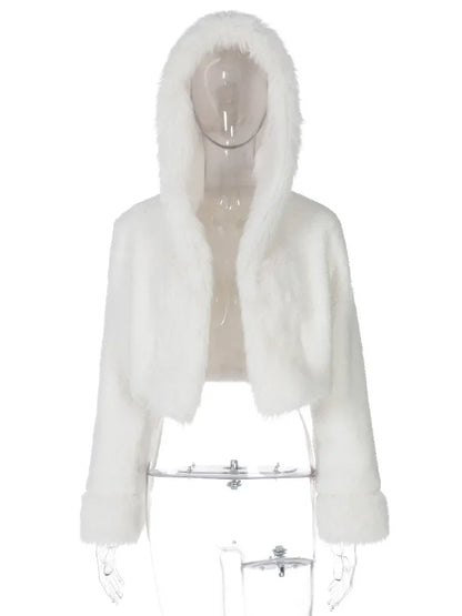maoxiangshop  -  Winter Women's White Short Faux Fur Coat Fashion Y2K Hoodie Jacket Long Sleeve Thick Warm Fluffy Fur Coat Female Outfits
