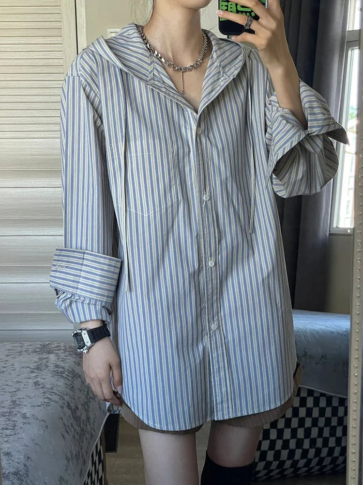 maoxiangshop Autumn Striped Shirts Women Oversized Long Sleeve Top Female Korean Casual Hooded Shirt Ladies Harajuku Single Breasted Blouse